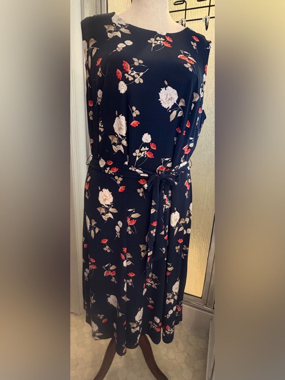 Charter Club Navy Floral Midi Dress with Tie Waist 3X $40 BNWT